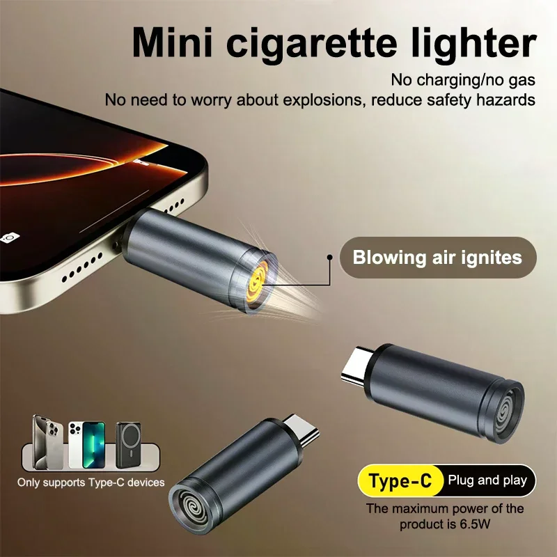 Type C Mini Lighter Blow-to-Ignite Auto Shut-Off For Air Travel Outdoor No Battery No Flame Portable Safety Lighter Adapter