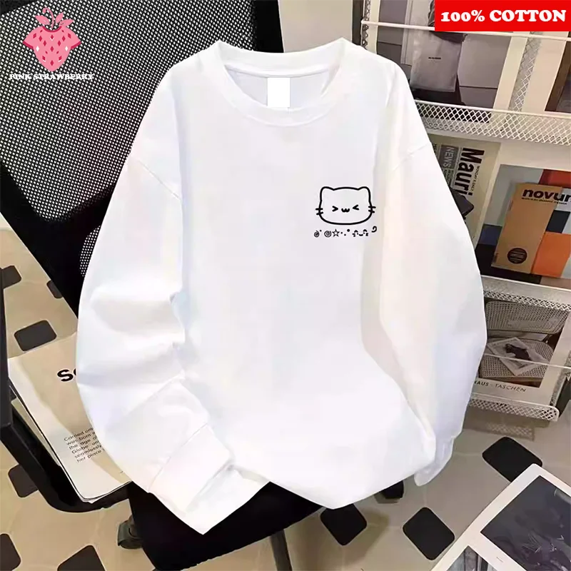 

Cute Cat Print White T-shirt Women Autumn 2025 New 100% Cotton Oversize Round neck Loose Casual T-shirt Y2k Top Female clothing