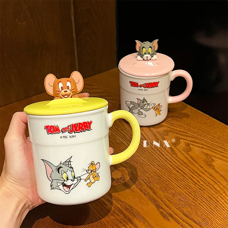 Tom and Jerry Cute Cartoon Ceramic Coffee Cup Kawaii 400ML With Cover Water Cup Lovely Periphery Home Decor Room Decoration Gift