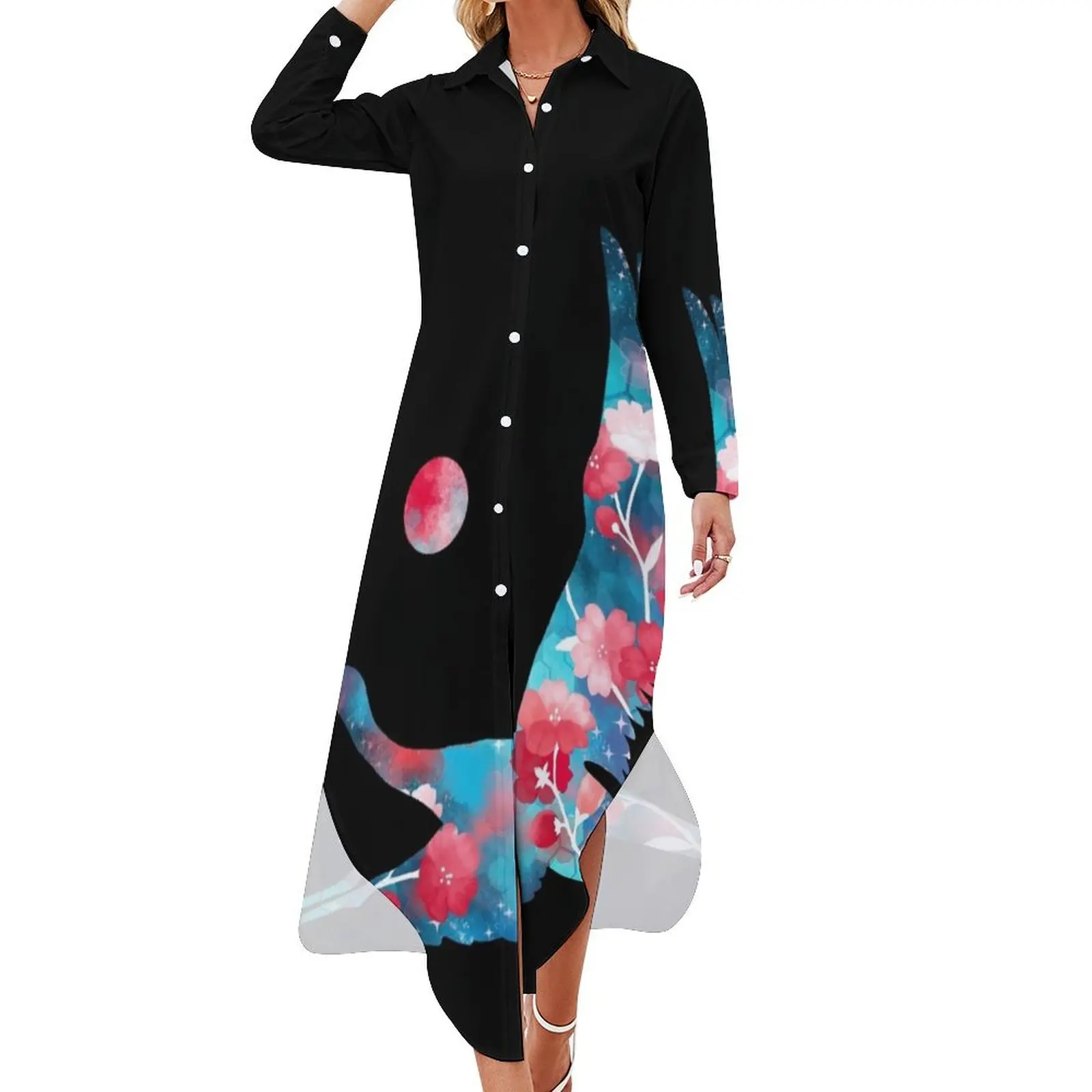 

Japanese Crane Sakura Aesthetic (on black) Long Sleeved Shirt Dress Women's long dress Long dress