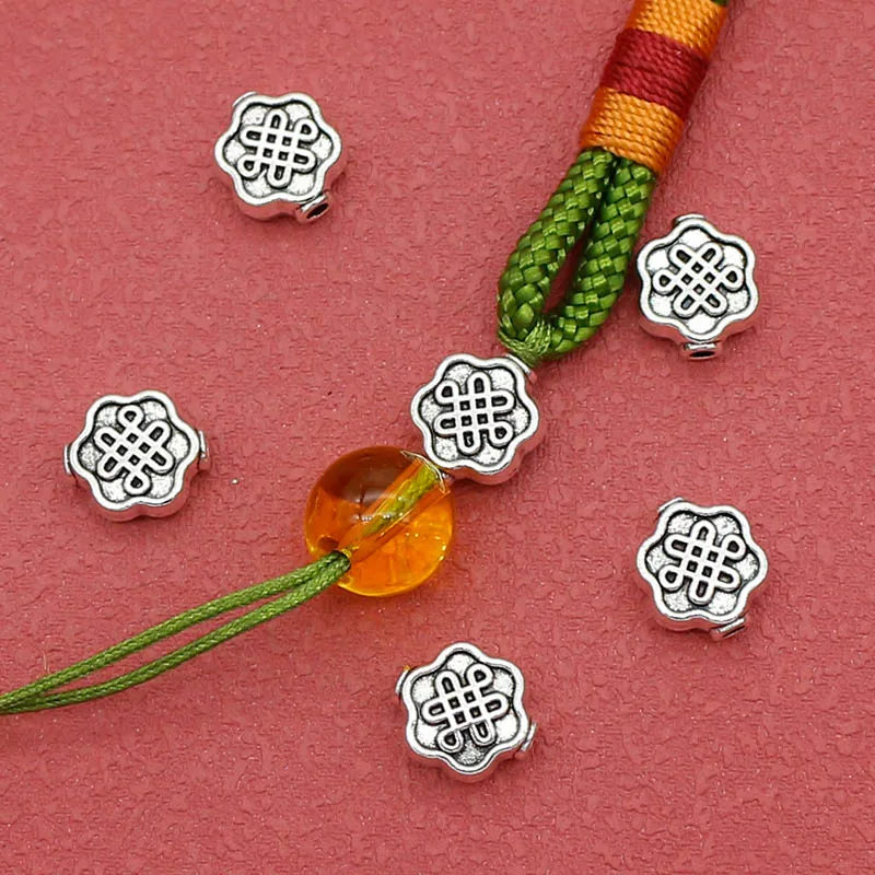 Cuentas de flor con patrón de nudo chino, pulseras de aleación de plata tibetana, espaciadores de dijes, materiales de joyería DIY, 9x10mm, 10 piezas por lote