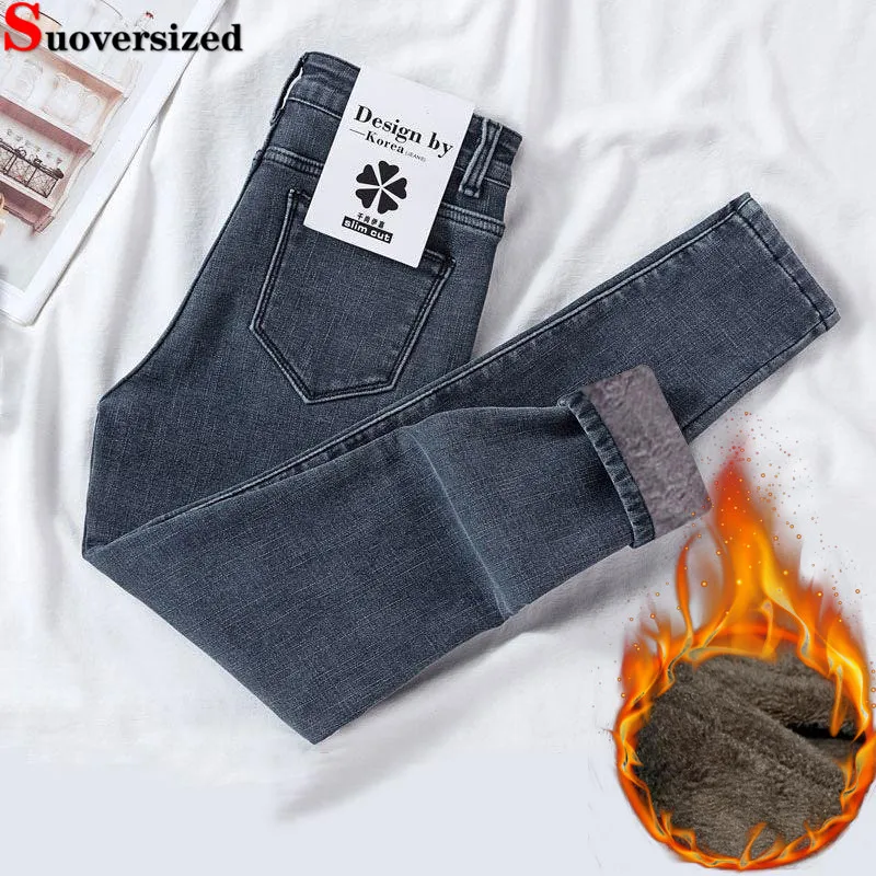 

Winter Skinny High Waist Pencil Jeans Plush Velvet Lined Warm Trousers Slim Casual Ankle Lengtn Vaqueros Korea Women Denim Pants