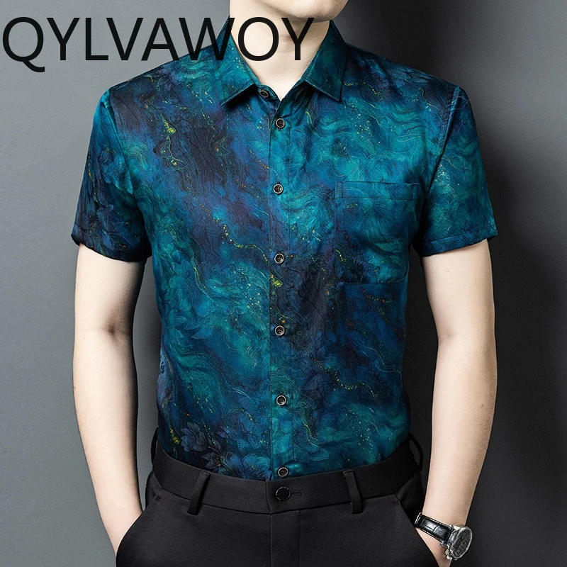 QYLVAWOY 100% Real Mulberry Silk 2026 Summer Shirts for Man High Quality Short Sleeve Thin Shirts Lapel Printed Man Shirts Daily