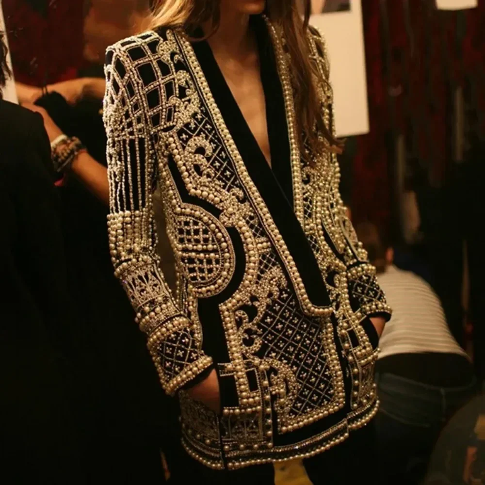 Suit Coat Women Vintage Pearls Stylish Designer Jacket Female V-neck Long Sleeve Blazers Luxurious Metallic Beaded High Street