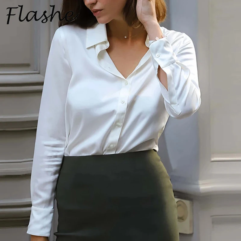 New Silk Blouse Female White Shirt Woman Long Sleeve Button Tops Female Office Satin Shirt Black Red Blue Autumn