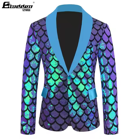 Fish scale Sequins Fashion Purple Colorful Velvet Sequins Blazer Masculino Men Suit Jacket Stage Singer Costume Shiny Blazers