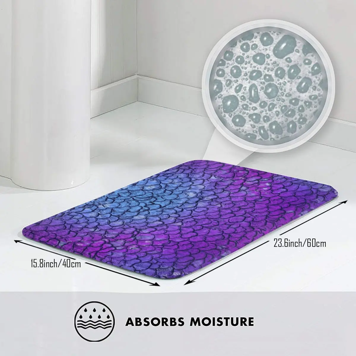 Nova Selkie Mermaid Scales Bath Mat Purple Bathroom Rug for Shower Home Entrance Absorbent Floor Mat Anti Slip Toilet Mat