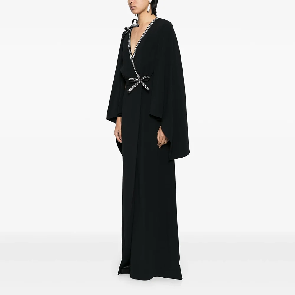 カスタムメイドのVネック長袖ロングイブニングドレス、エレガントなフォーマルな機会、プロムガウン、クリスタル付き2025年フロア丈プロムドレス