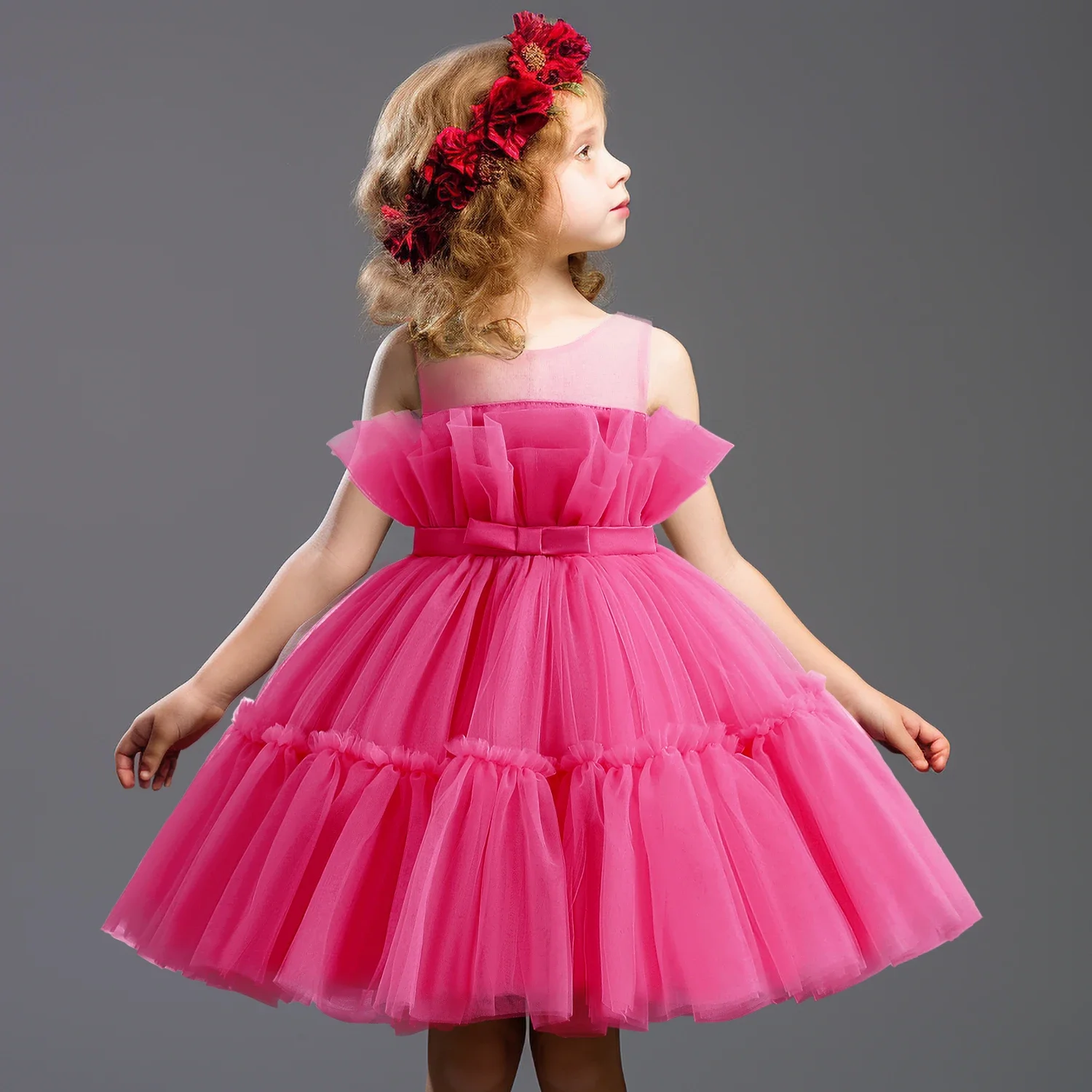 2024 Urlaubs kleid Prinzessin Party Tüll geschwollene Kleid Sommer Blume Mädchen Kleider für