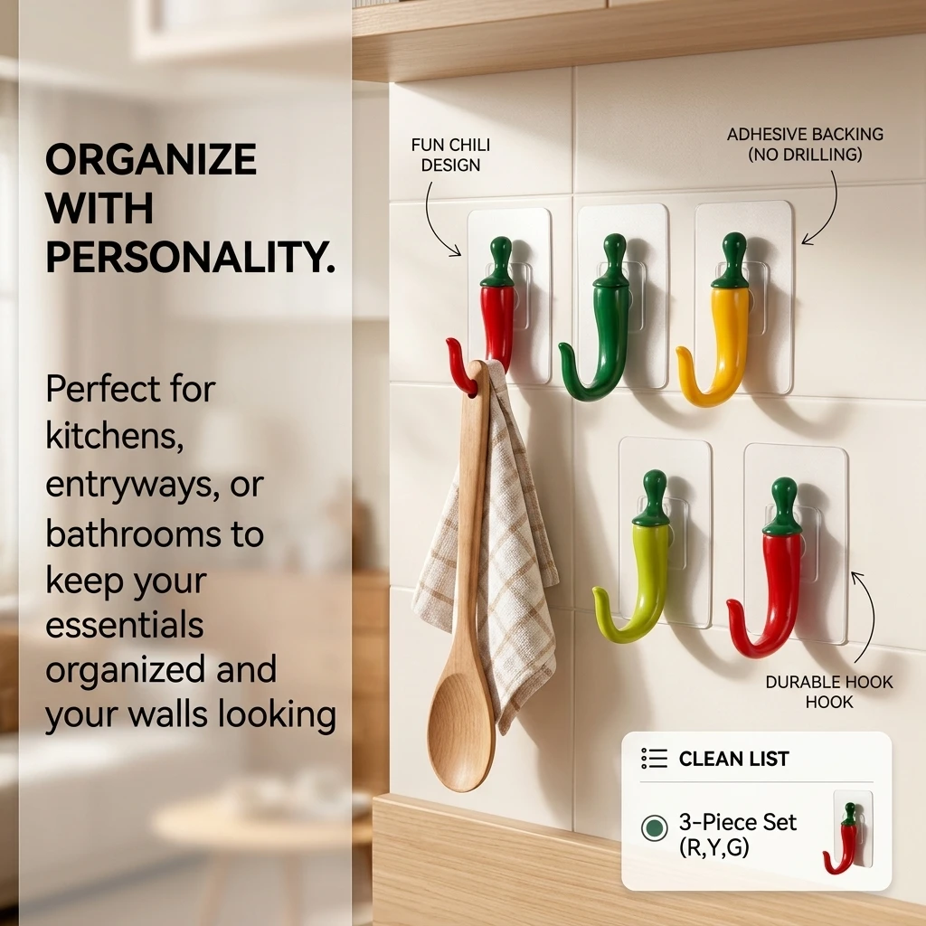 Vibrant Red Chili-Shaped Wall Hooks Painted Finish for Coats Hats Towels Easy Wall-Mounted Installation Home Decor