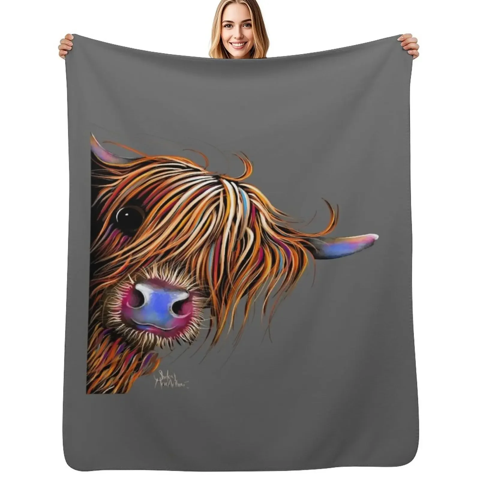 

HiGHLaND CoW PRiNT SCoTTiSH ' SuGaR LuMP oN GReY ‘ BY SHiRLeY MacARTHuR Throw Blanket anime Furry Flannels Blanket