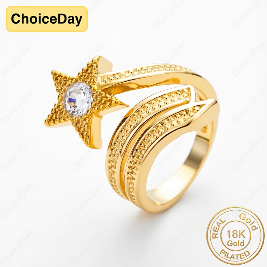 

Charming 18K Gold Plated Exquisite Star-Shaped Open Zirconia Ring, Stylish Women's Engagement Party Gift Accessory Jewelry