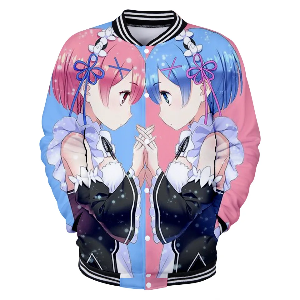 Re Zero Rem and Ram 3D Baseball Uniform Jacket Cosplay Coat Men/Women's Harajuku SweatshirtsHip Hop Anime Fashion Hoodie tops