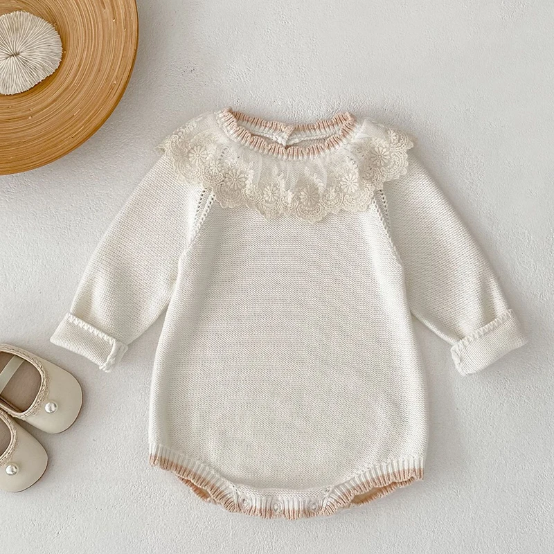 

2025 New Autumn 0-24M Children Clothes Newborn Baby Girls Knitted Bodysuits Long Sleeves Lace Splice Korean Style Climbing Suit