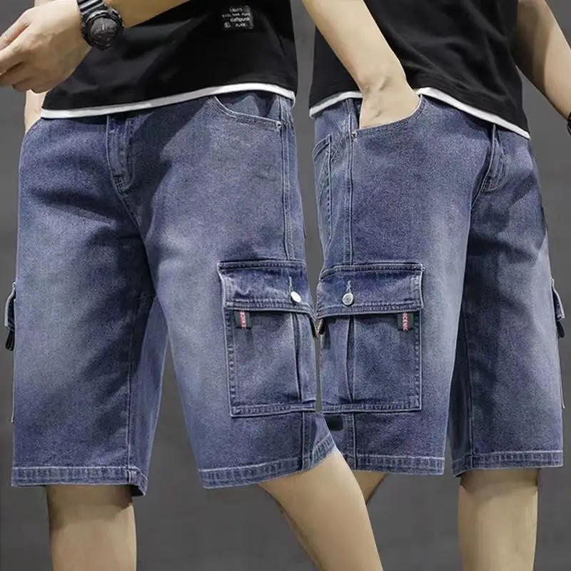 Fashion Zipper Button Spliced Pockets Straight Cargo Jeans Men's Clothing 2024 Summer New Loose Solid Color Casual Denim Pants