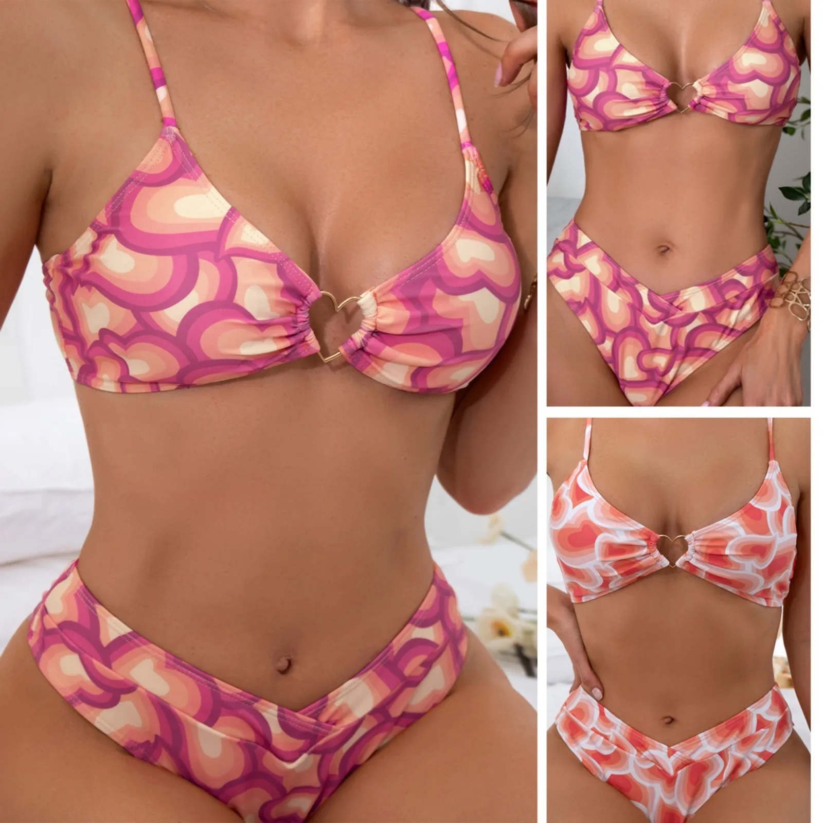 

Women's Fashion Two Piece Swimsuit Floral Heart Bikini Beach Swimsuit Brazilian Push Up Set