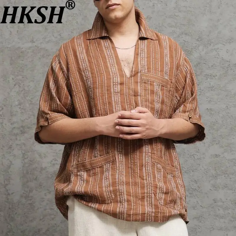 HKSH Summer New Men Tide Retro Shirt Ethnic Striped Half-Open Collar Linen Short-Sleeved Shirts Loose Light Pullover Top HK23718