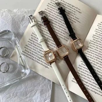 שעון נשים קלאסי פשוט עם מסגרת ריבועית קטנה, וינטאג' אלגנטי, שעון יד קוורץ נשי עם רצועת עור, שעונים קז'ואליים לנשים