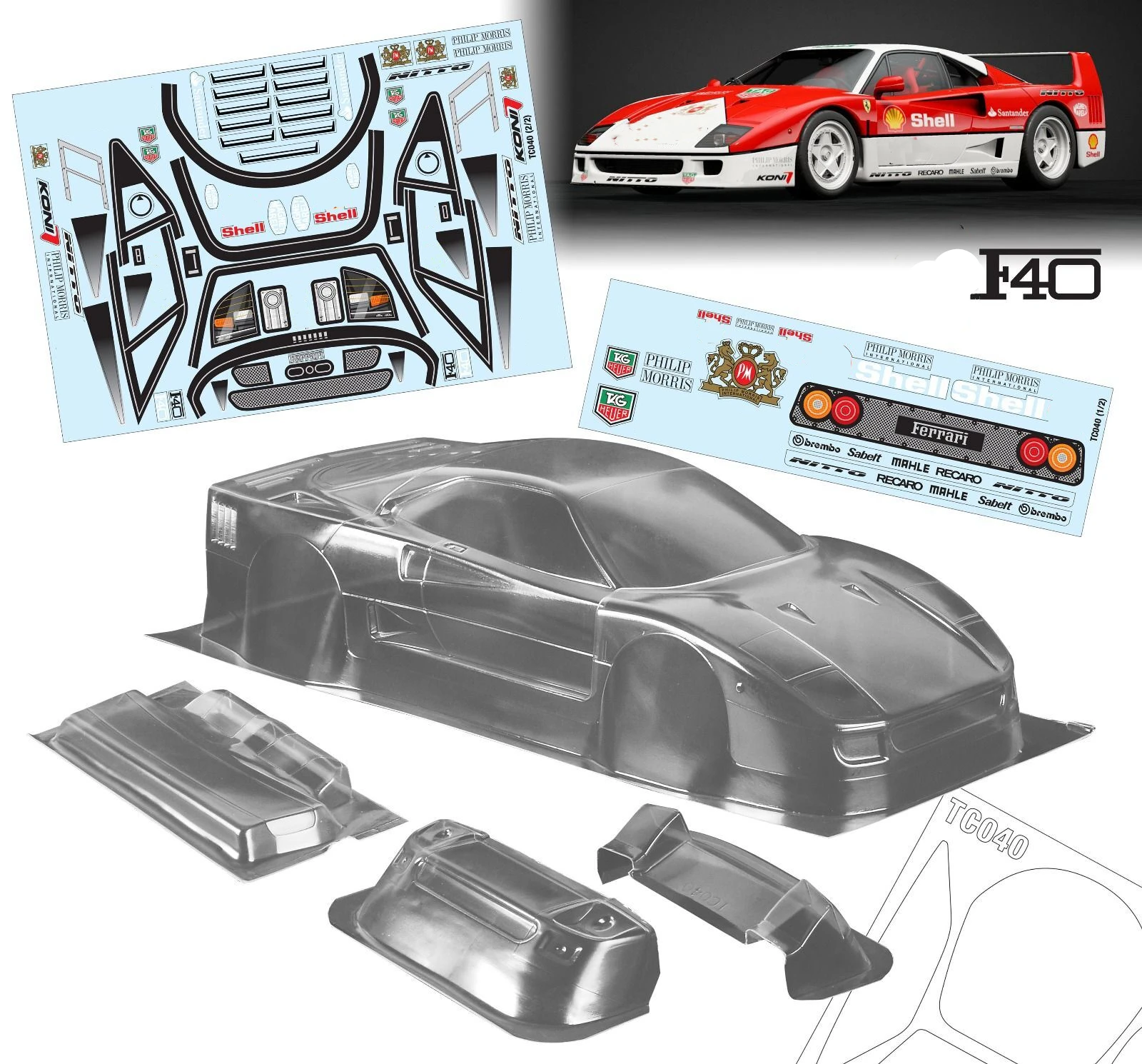 1/10 RC PC shell body F40 Super car no paint clean shell 190mm width 260mm wheelbase 1/10 drift on-road hsp mst d5s