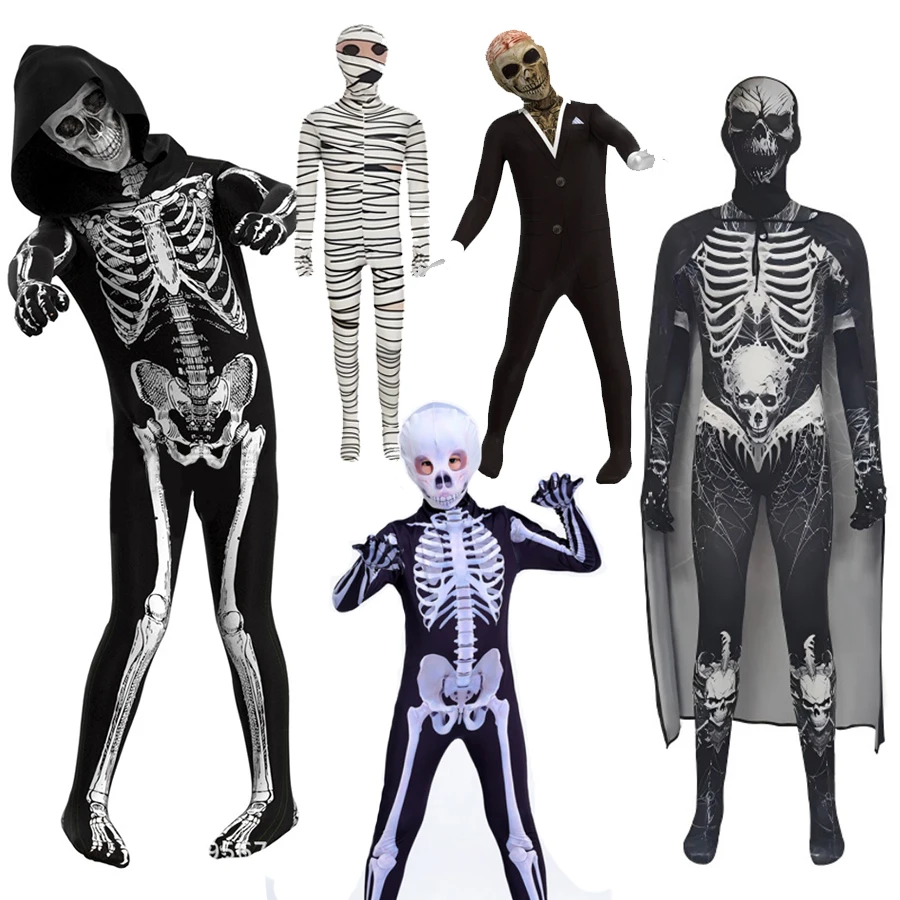 

Scary Halloween Costumes Skull Skeleton Jumpsuit Ghost Grim Reaper Zobie Cosplay Clothes for Kids Adults Horror Costumes Outfits