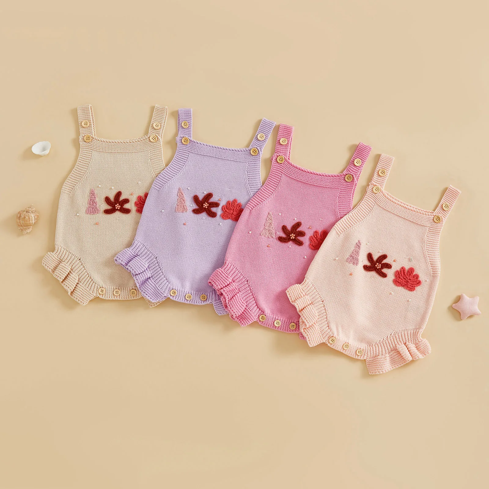 

Lioraitiin Baby Girl Sweater Romper Ribbed Embroidered Ruffled Trim Sleeveless Infant Knit Jumpsuit for Spring/Summer