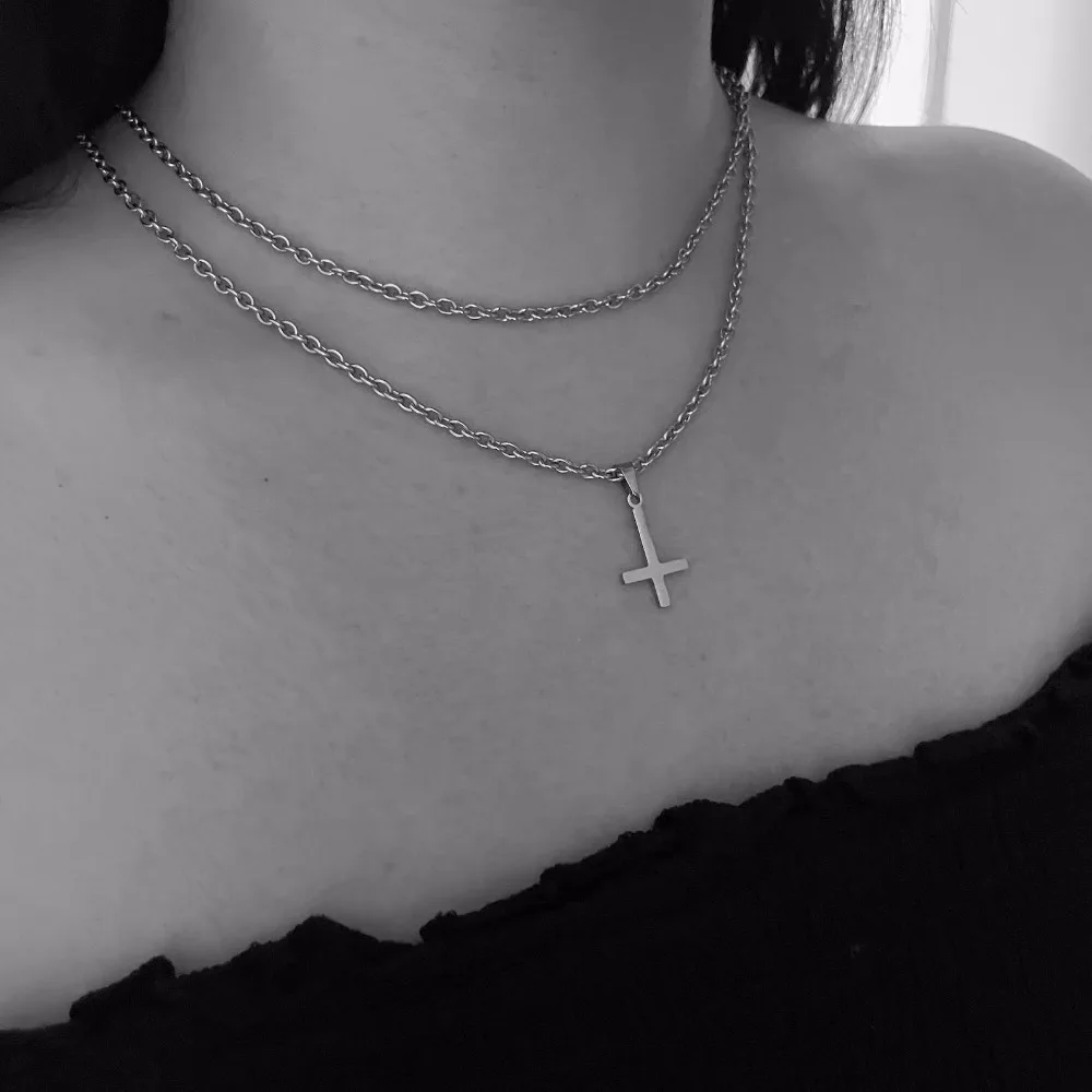 Punk Personality Stainless Steel Sliver Color Inverted Cross Pendant Double-layer Chain Necklace for Women Fashion Goth Jewelry