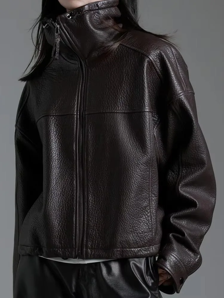 Leisure Style Solid Color Genuine Leather Jacket Ladies Handmade Turn-Down Collar Zipper Long Sleeves Sheepskin Outerwear