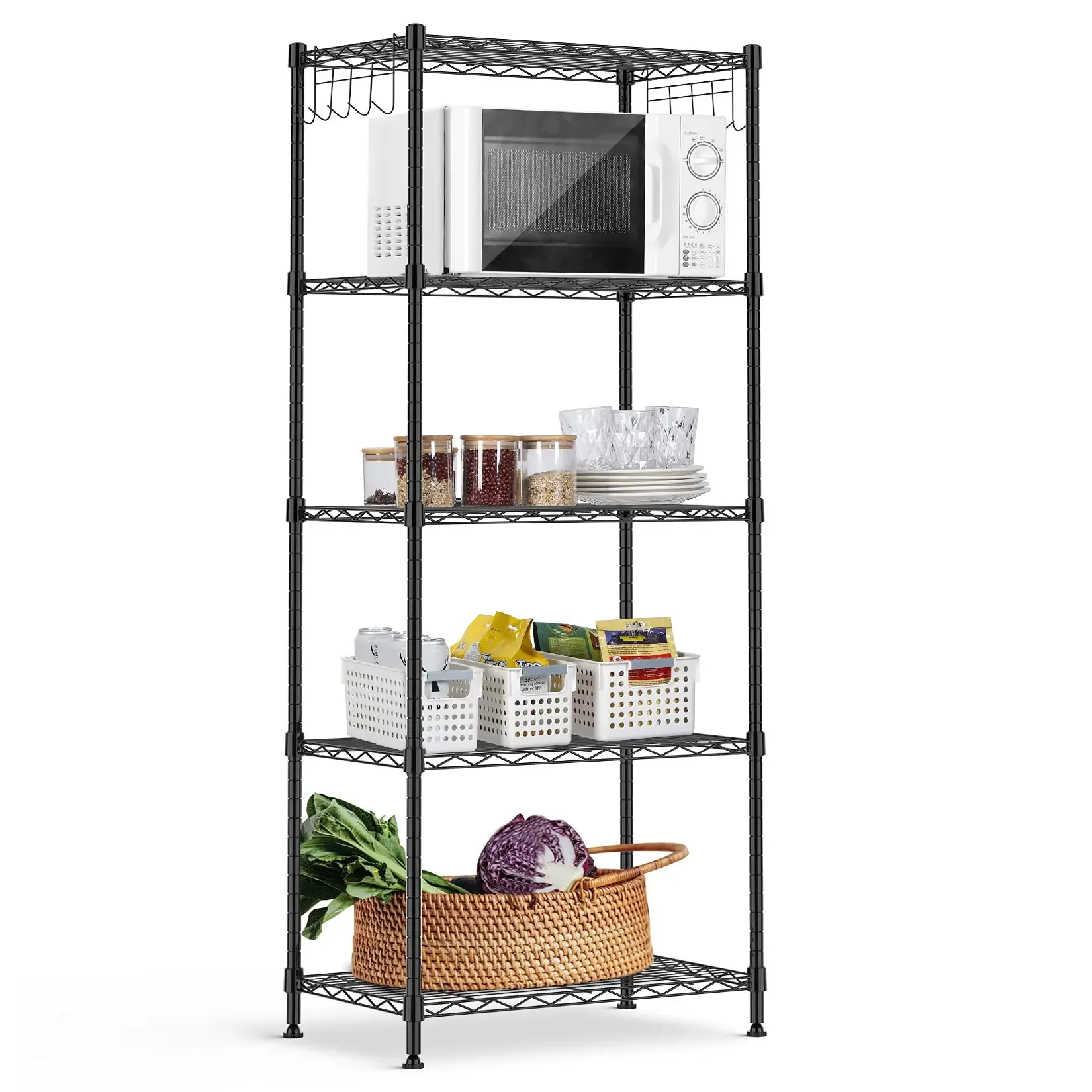 

Five-Tier Adjustable Heavy-Duty Metal Wire Shelf Unit With Hooks, Leveling Feet, And Storage Baskets For Kitchen, Pantry, Garage