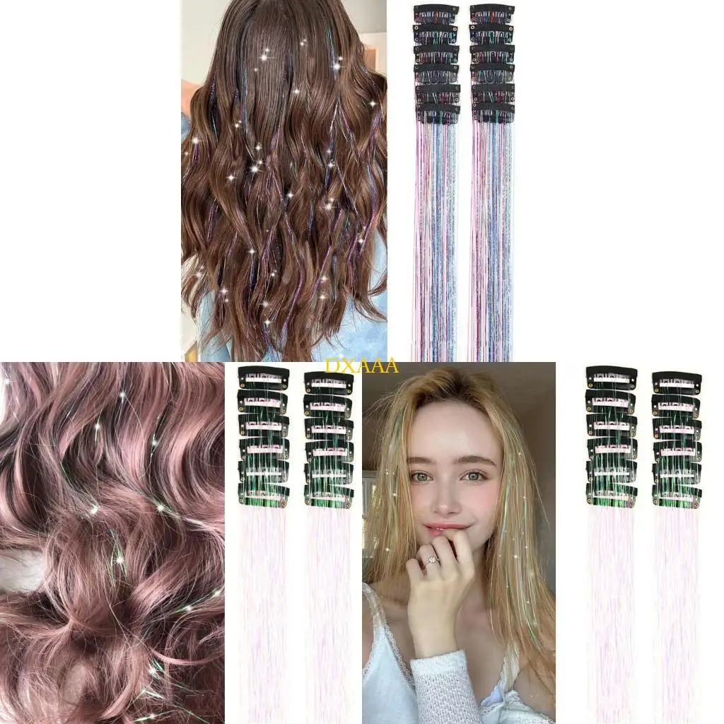 

DXAA 12Pcs/set Clip in Hair Tinsel Extensions 20 Inches Long Multicolor for Quick Application No Tangling Party Accessories