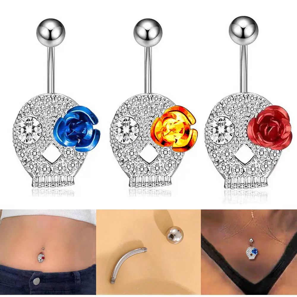 

1 Pcs Skull Flower Belly Button Ring 14G Medical Surgical Steel Hypoallergenic Material Belly Button 10mm Piercing Jewelry