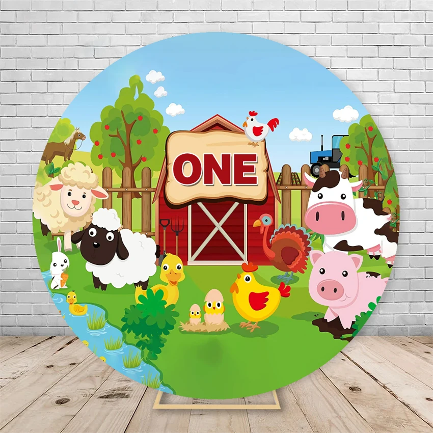 Farm Theme Children Birthday Party Round Background Cloth Cartoon Animal Barn Windmill Baby Party Decoration Photography Props