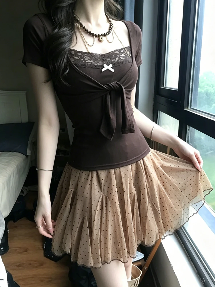Genayooa Japanische Y2k Zweiteilige Oberteile für Damen, kurzärmelig, Spitze, Patchwork, Camis + Schnür-Smock, Fairycore 2000er-Jahre-T-Shirt-Oberteile, E-Girls – Detail 7