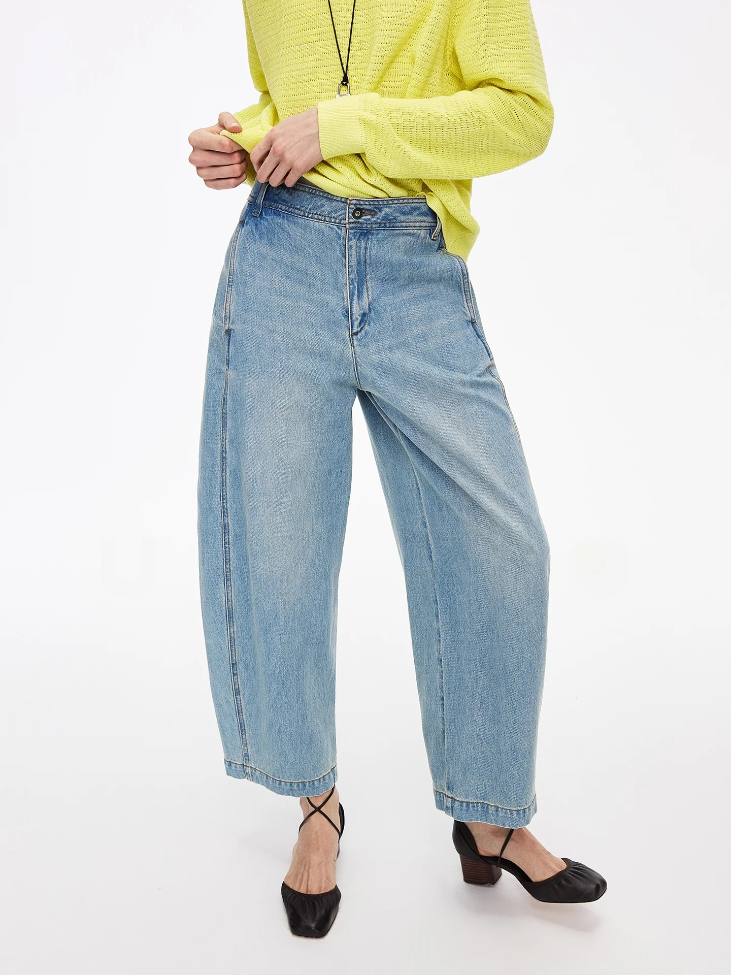 

UZZO High Waist Wide Leg Nine Points Waed l Elastici Vintage Feeling Women's Jeans Cotton Straight Tube Pants