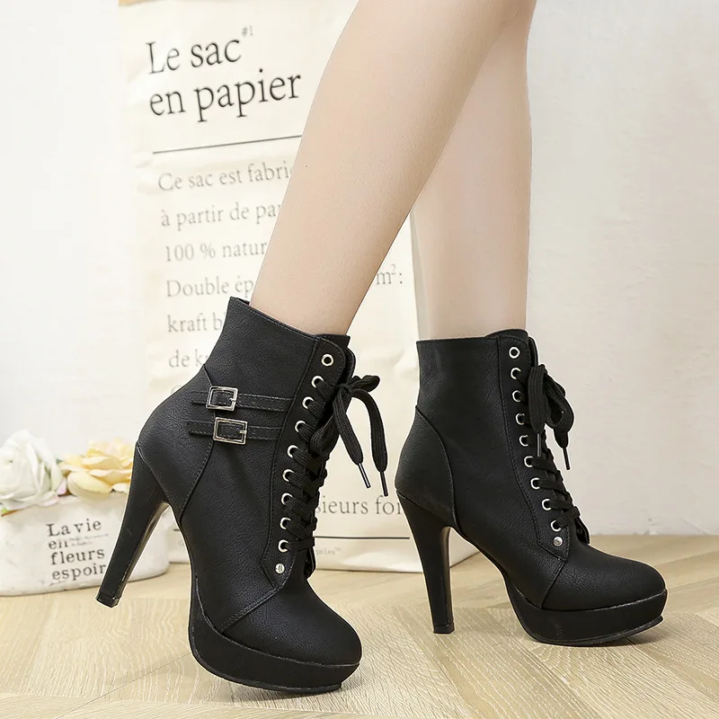 

Euro-american Style Cross Strap Stiletto Heels Waterproof Table Fashion Belt Buckle Ankle Boots for Women