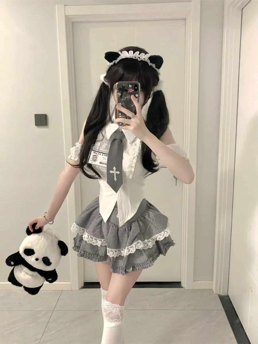 

Sweet And Spicy School orm Sle Jk orm Girl Ruffle oulder Collar White irt ey Puffy ort Юбка из двух частей...