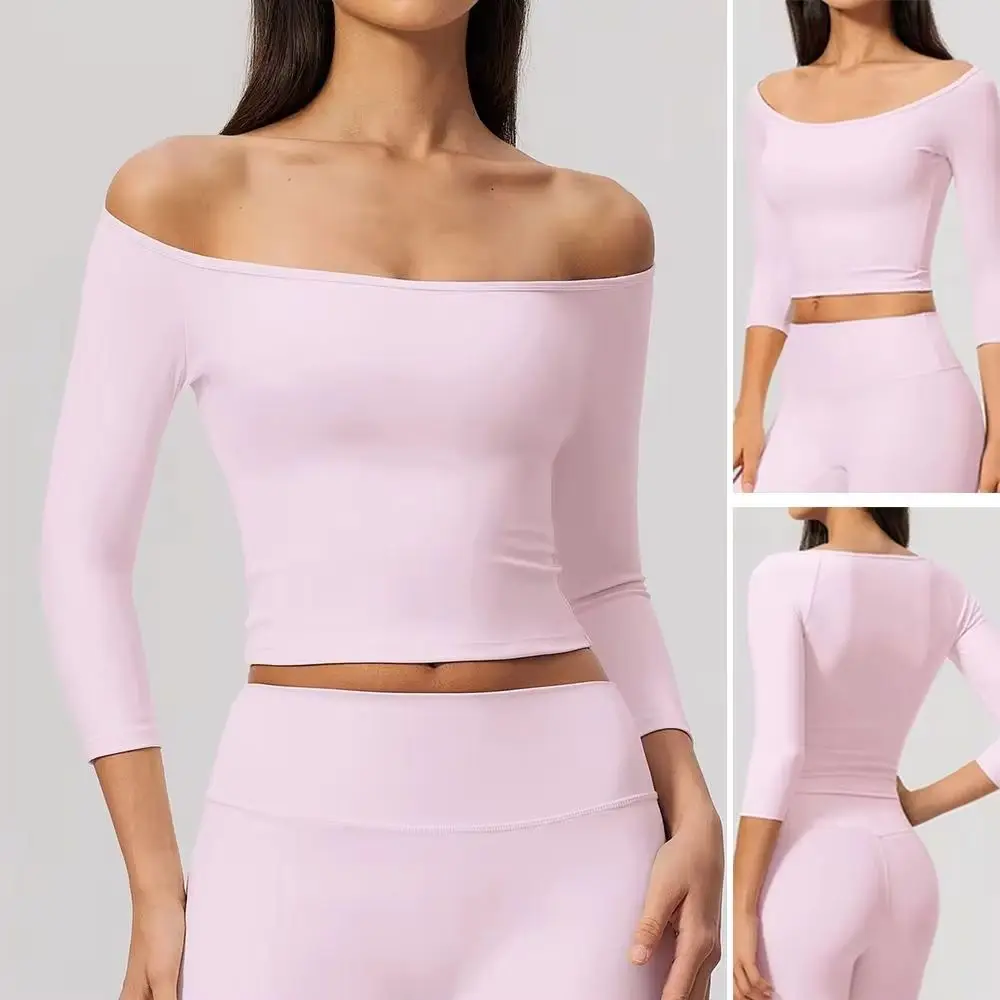 Women's Breathable Stretch 3/4 Sleeve Off Shoulder Crop Top with Fitted Slim Cut for Gym Tops Workout Running Fitness Yoga Shirt