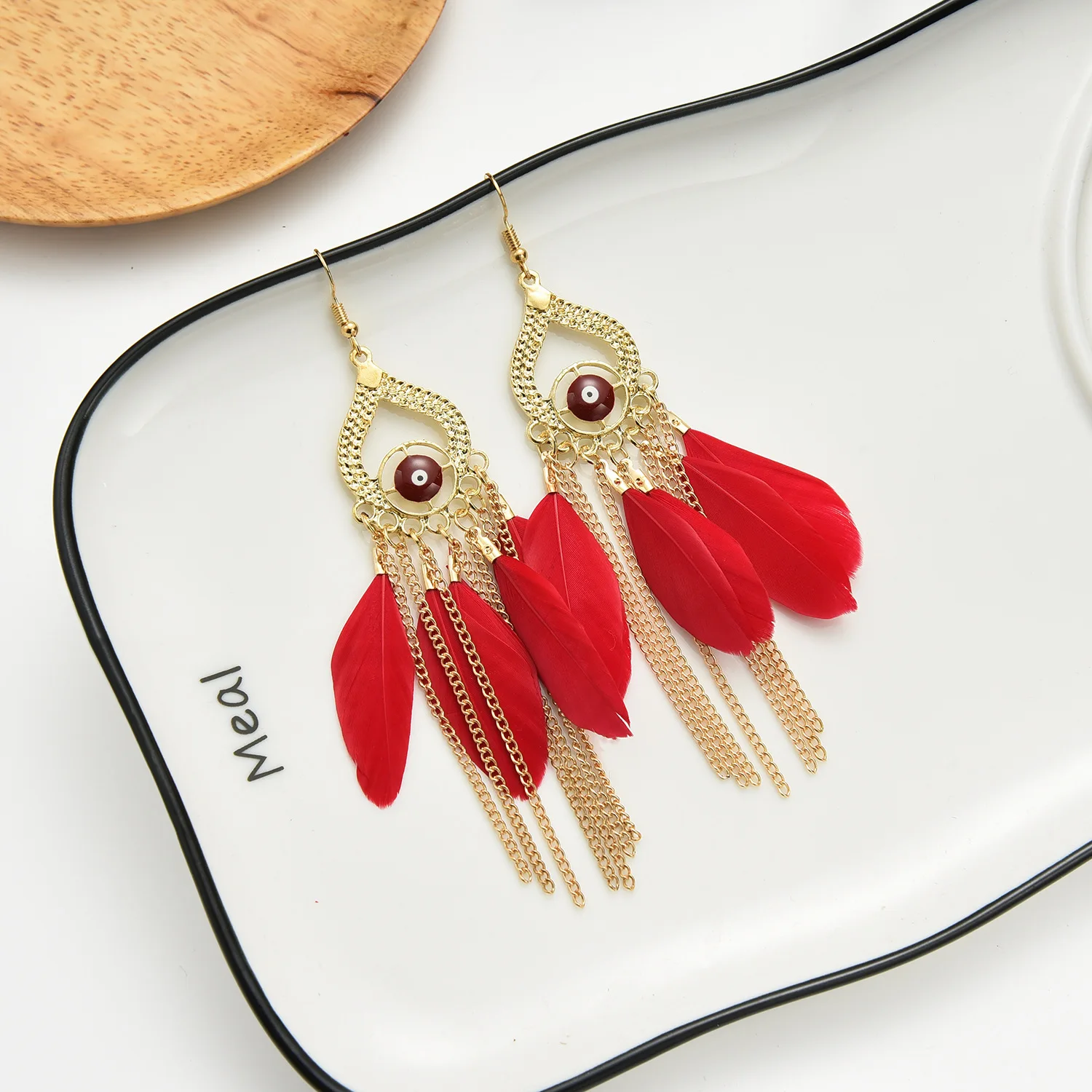 European and American new ethnic style earrings, dripping oil feather earrings jewelry, chain fashion, earrings wholesale