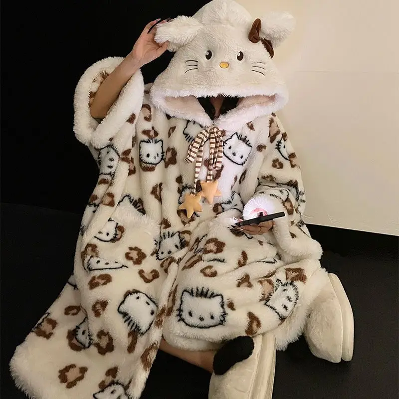 Hello Kitty Super Cute Leopard Print Winter Velvet Girl's Hooded Long-sleeved Cozy Soft Thickened Warm Bat-sleeve Cape Nightgown
