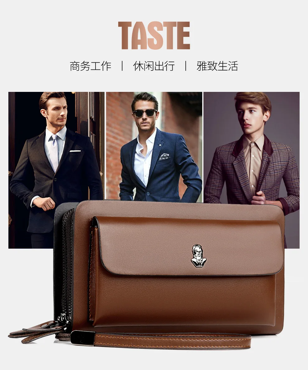 

High quality leather double zipper men's handbag Card Purse Business clutch bag 클러치 백 bolso de mano hombre клатч мужской