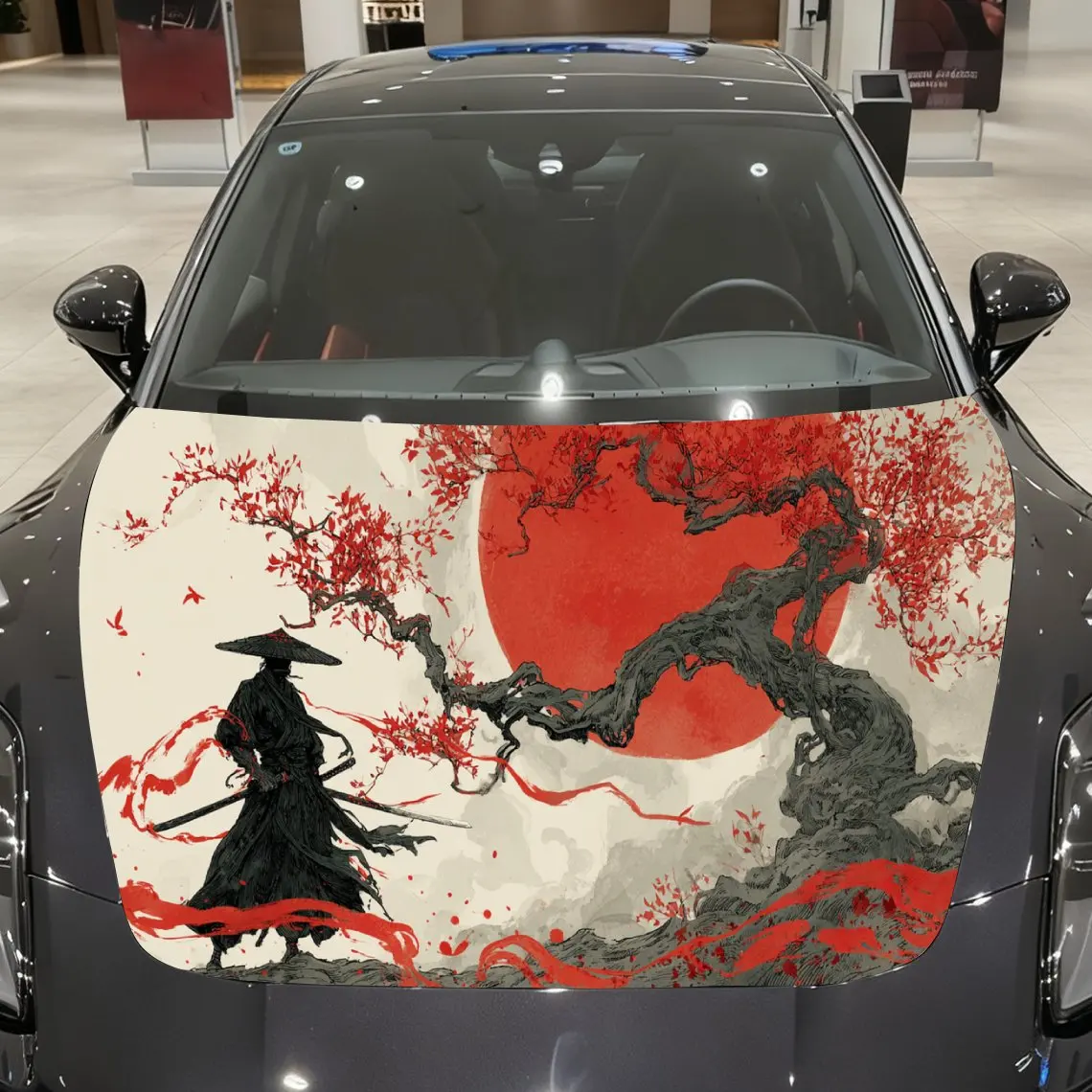 Falling Cherry Blossom Red-moon Swordsman Pattern car hood stickers, waterproof self-adhesive, scratch resistant, easy to stick,