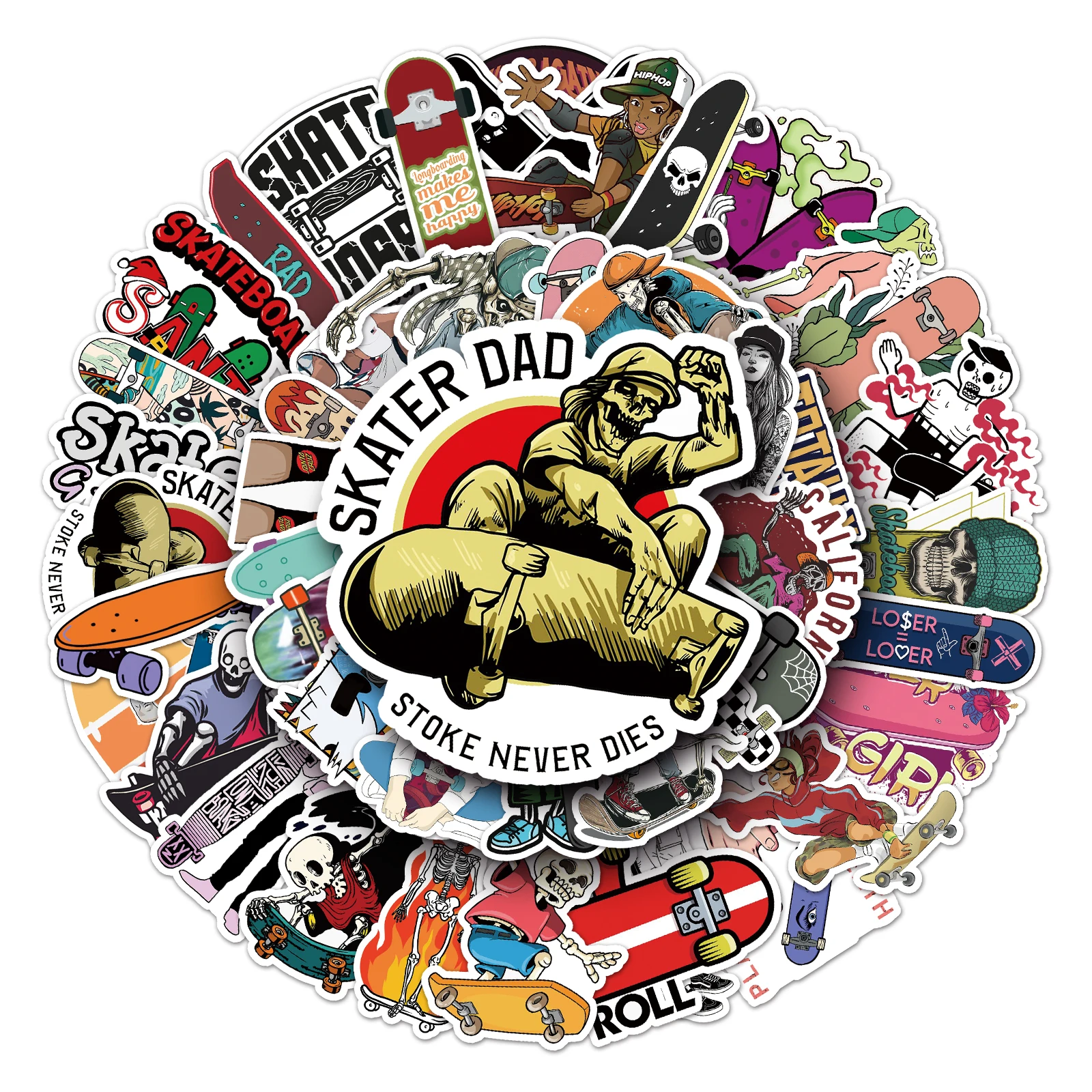 50Pcs Skateboard series Cartoon Cute Waterproof Sticker Skateboarding Snowboard Retro Vinyl Sticker