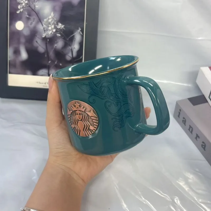 Caneca Luxuosa Starbucks Teal 320ml, Copo de Cerâmica com Logo em Ouro Rosé, Ótimo Presente para Amantes de Café