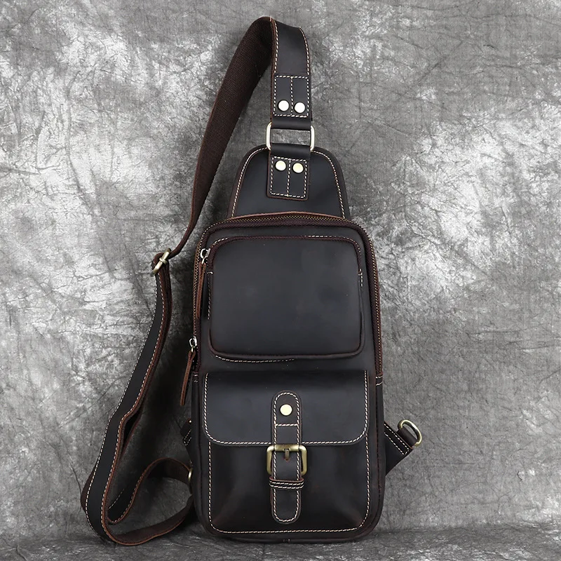 Mad Horse Leather Men's Chest Bag - Vintage Style Casual Waist Bag - Outer Layer of Cowhide Shoulder Bag