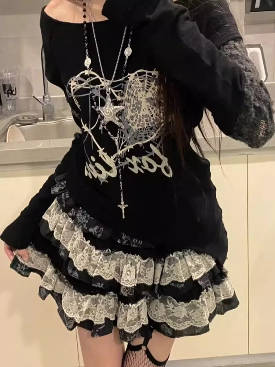 Y2K 밀레니엄 펑크 스윗 쿨 레이스 케이크 스커트 여성 여름 서브컬쳐 펑크 스몰 사이즈 플러피 스커트 하이웨이스트 A라인...