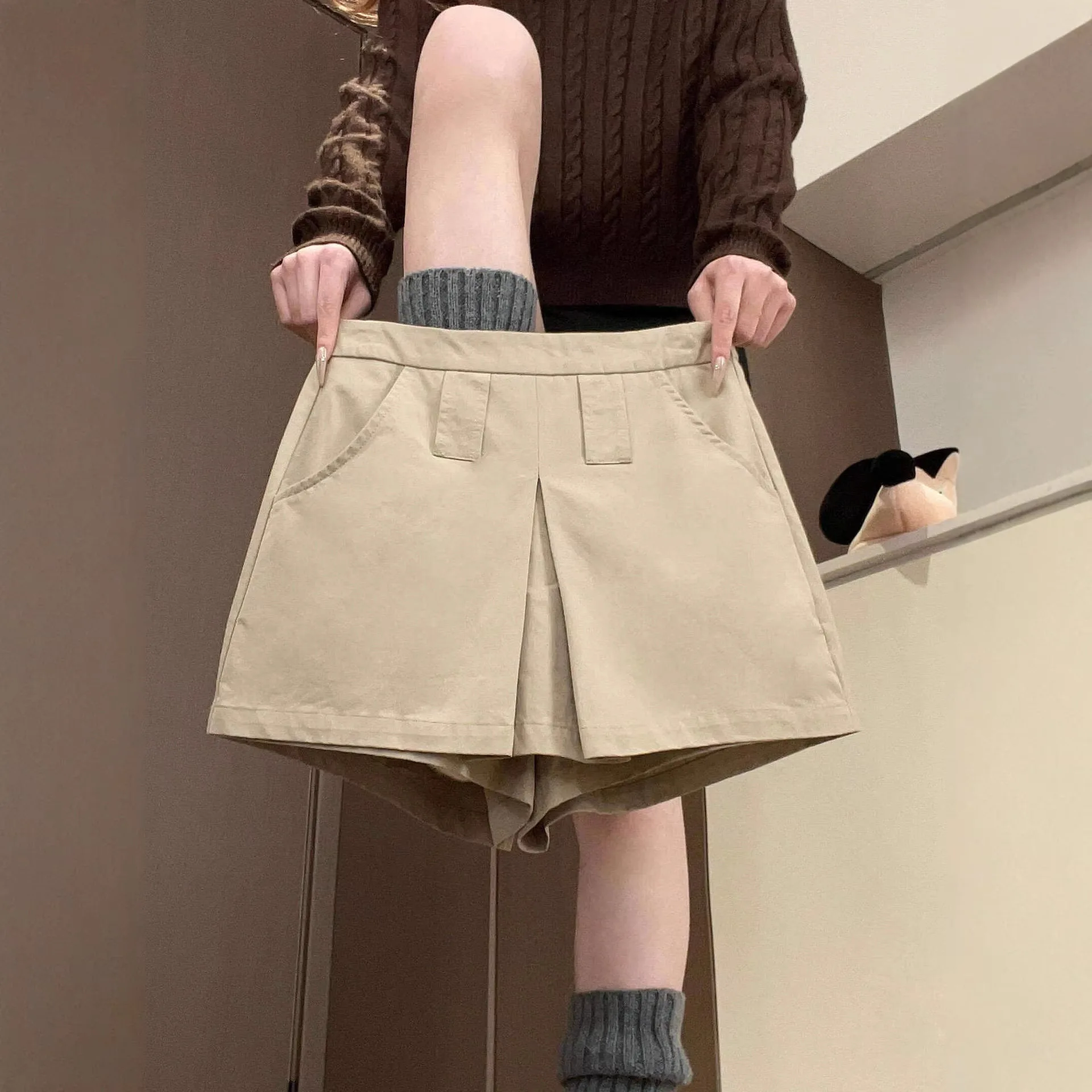 Culottes kaki effet deux-pièces pour femme, nouvelle collection été 2026, taille haute, anti-transparence, style Spice Girls, jupe-short évasée