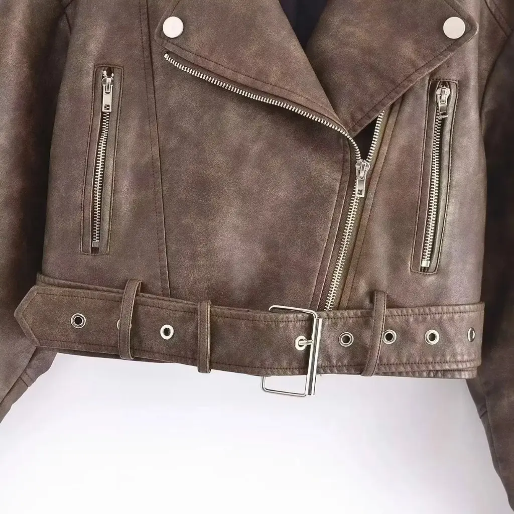 

Vintage Washed Distressed PU Leather Jacket for Women Short European American Style Autumn Fashion Hot Girl Clothing