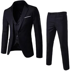 Business Bridegroom Wedding Party Men's Suit Solid Color Slim 3 Piece Set Lapel Jacket+Button Up Sleevelss Vest+Long Pants Sets