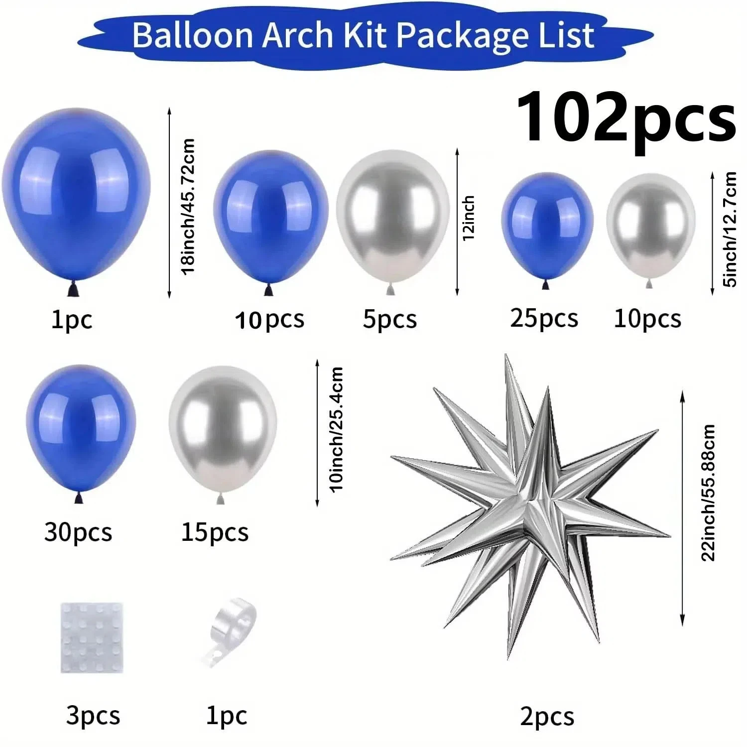 102-teiliges Starburst-Design Blau-Silber Ballon-Set für Geburtstag Hochzeit Babyparty Festival Innen- und Außendekoration – Detail 2
