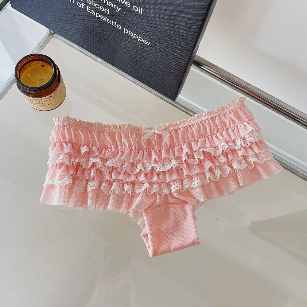 Cute Ruffle Lace Panties Layered Cake Design Low Waist Women's Underwear Bow Mesh Sweet Lace Briefs Female