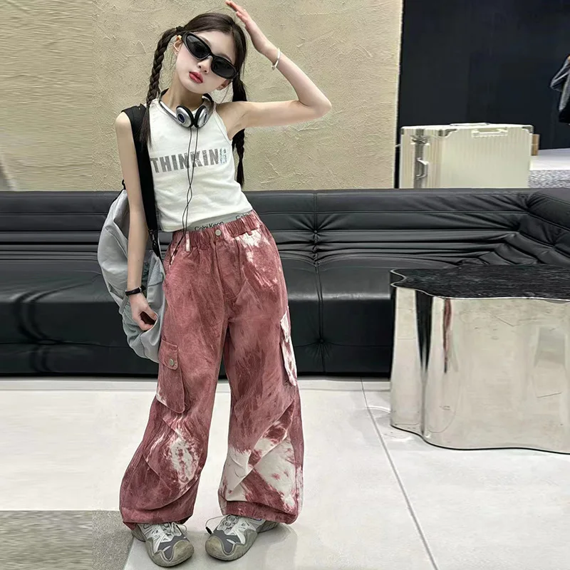 Girls Tie Dye Suit 2024 New Spring And Summer Teenage Kids Letter Printed Vest + Cargo Pants 2Pcs Set Age 6 8 10 12 14 Years Old